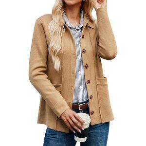 Women Knit Khaki Button Down  Blazer Sweater Jacket Long Sleeve Pockets Casual